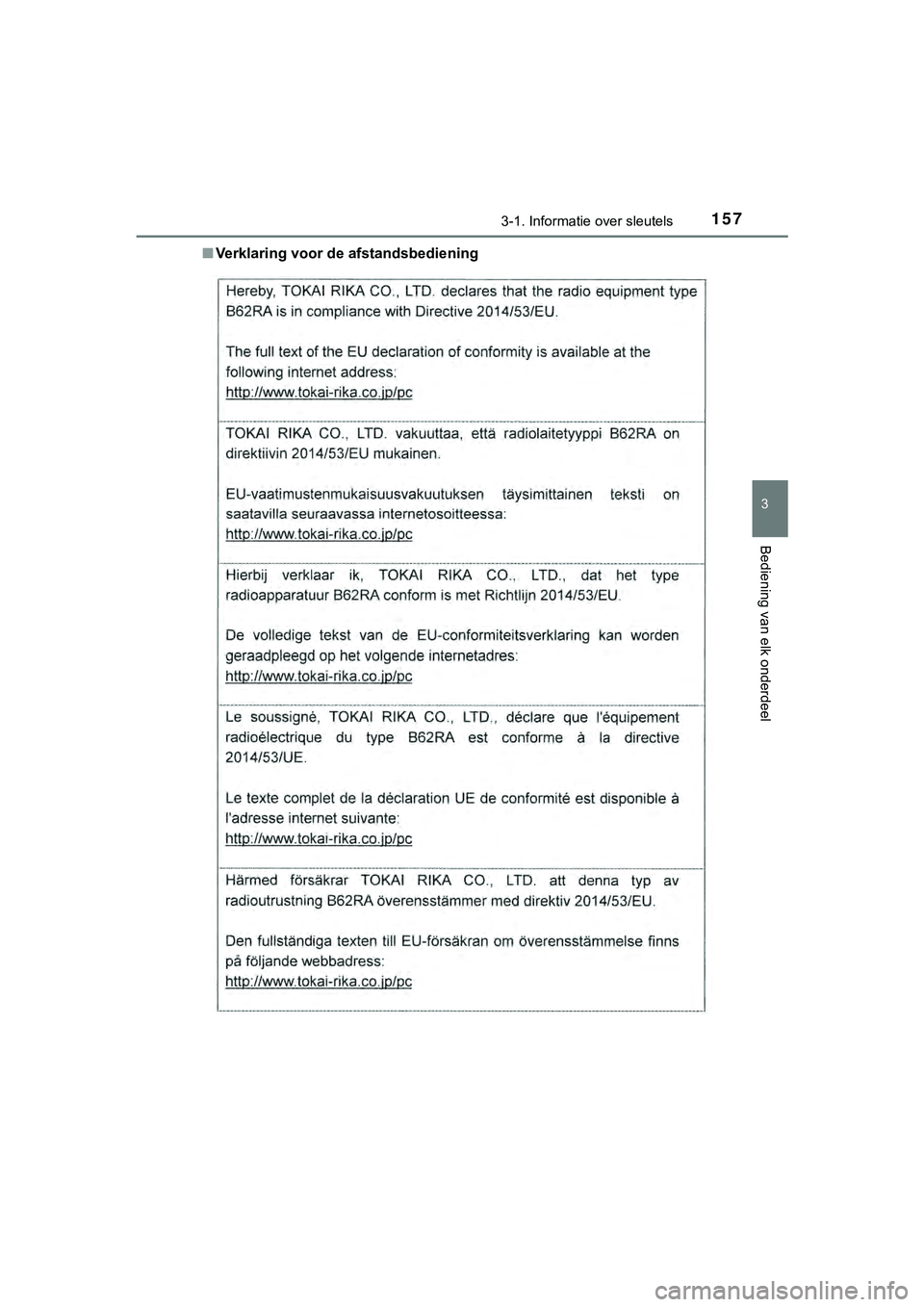 TOYOTA HILUX 2018 Instructieboekje (in Dutch) 1573-1. Informatie over sleutels
3
Bediening van elk onderdeel
HILUX_OM_OM0K375E_(EE)■
Verklaring voor de afstandsbediening
HILUX_OM_OM0K375E_(EE).book Page 157 Thursday, April 12, 2018 12:31 PM TOYOTA HILUX 2018 Instructieboekje (in Dutch) 1573-1. Informatie over sleutels
3
Bediening van elk onderdeel
HILUX_OM_OM0K375E_(EE)■
Verklaring voor de afstandsbediening
HILUX_OM_OM0K375E_(EE).book Page 157 Thursday, April 12, 2018 12:31 PM