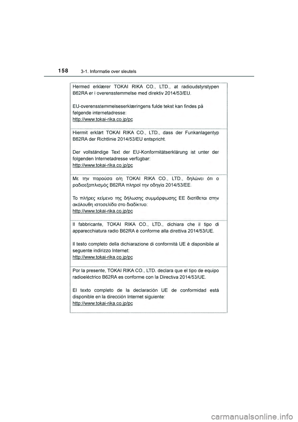 TOYOTA HILUX 2018 Instructieboekje (in Dutch) 1583-1. Informatie over sleutels
HILUX_OM_OM0K375E_(EE)
HILUX_OM_OM0K375E_(EE).book Page 158 Thursday, April 12, 2018 12:31 PM TOYOTA HILUX 2018 Instructieboekje (in Dutch) 1583-1. Informatie over sleutels
HILUX_OM_OM0K375E_(EE)
HILUX_OM_OM0K375E_(EE).book Page 158 Thursday, April 12, 2018 12:31 PM