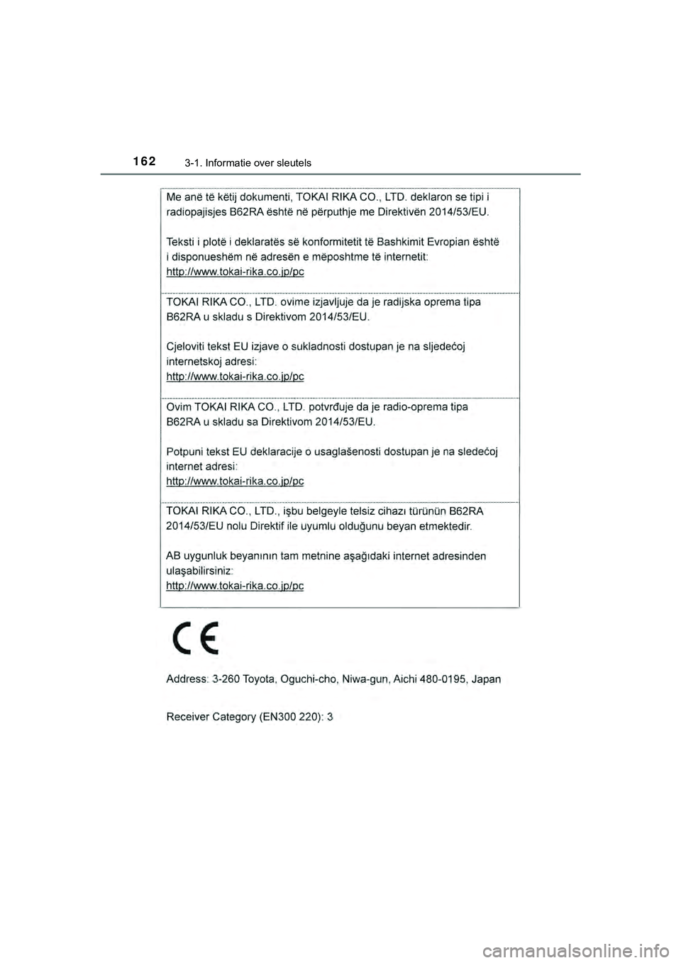 TOYOTA HILUX 2018  Instructieboekje (in Dutch) 1623-1. Informatie over sleutels
HILUX_OM_OM0K375E_(EE)
HILUX_OM_OM0K375E_(EE).book  Page 162  Thursday, April 12, 2018  12:31 PM 