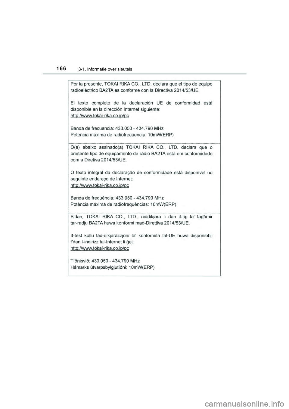 TOYOTA HILUX 2018  Instructieboekje (in Dutch) 1663-1. Informatie over sleutels
HILUX_OM_OM0K375E_(EE)
HILUX_OM_OM0K375E_(EE).book  Page 166  Thursday, April 12, 2018  12:31 PM 