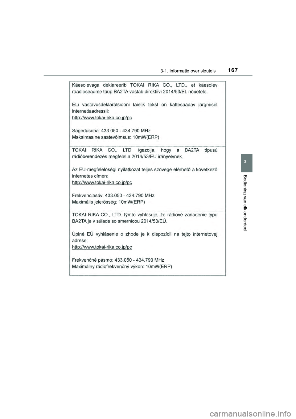 TOYOTA HILUX 2018  Instructieboekje (in Dutch) 1673-1. Informatie over sleutels
3
Bediening van elk onderdeel
HILUX_OM_OM0K375E_(EE)
HILUX_OM_OM0K375E_(EE).book  Page 167  Thursday, April 12, 2018  12:31 PM 