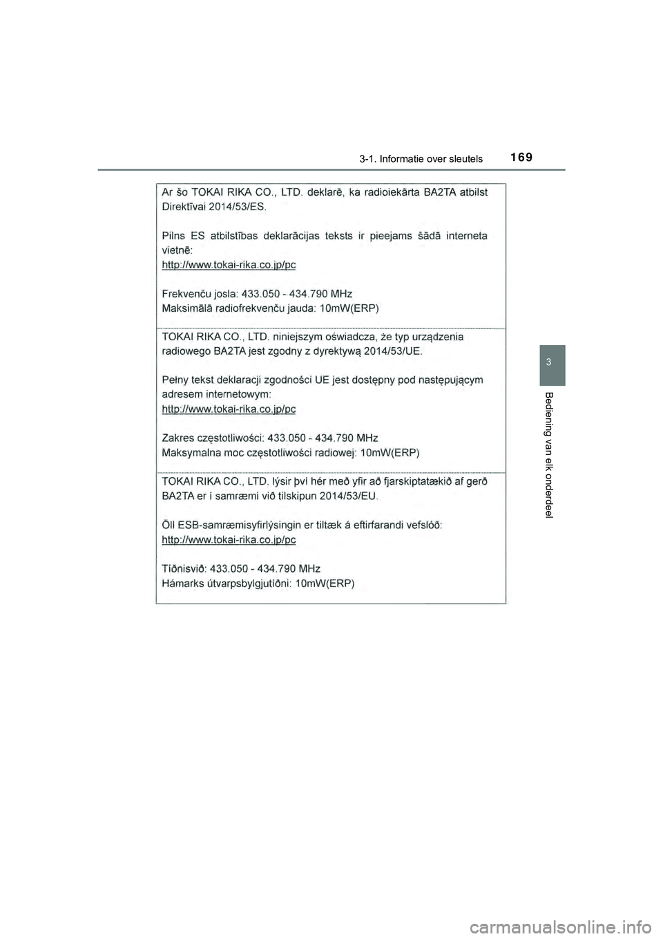 TOYOTA HILUX 2018  Instructieboekje (in Dutch) 1693-1. Informatie over sleutels
3
Bediening van elk onderdeel
HILUX_OM_OM0K375E_(EE)
HILUX_OM_OM0K375E_(EE).book  Page 169  Thursday, April 12, 2018  12:31 PM 