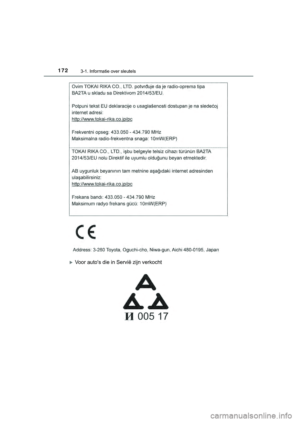 TOYOTA HILUX 2018 Instructieboekje (in Dutch) 1723-1. Informatie over sleutels
HILUX_OM_OM0K375E_(EE)
Voor auto's die in Servië zijn verkocht
HILUX_OM_OM0K375E_(EE).book Page 172 Thursday, April 12, 2018 12:31 PM TOYOTA HILUX 2018 Instructieboekje (in Dutch) 1723-1. Informatie over sleutels
HILUX_OM_OM0K375E_(EE)
Voor auto's die in Servië zijn verkocht
HILUX_OM_OM0K375E_(EE).book Page 172 Thursday, April 12, 2018 12:31 PM