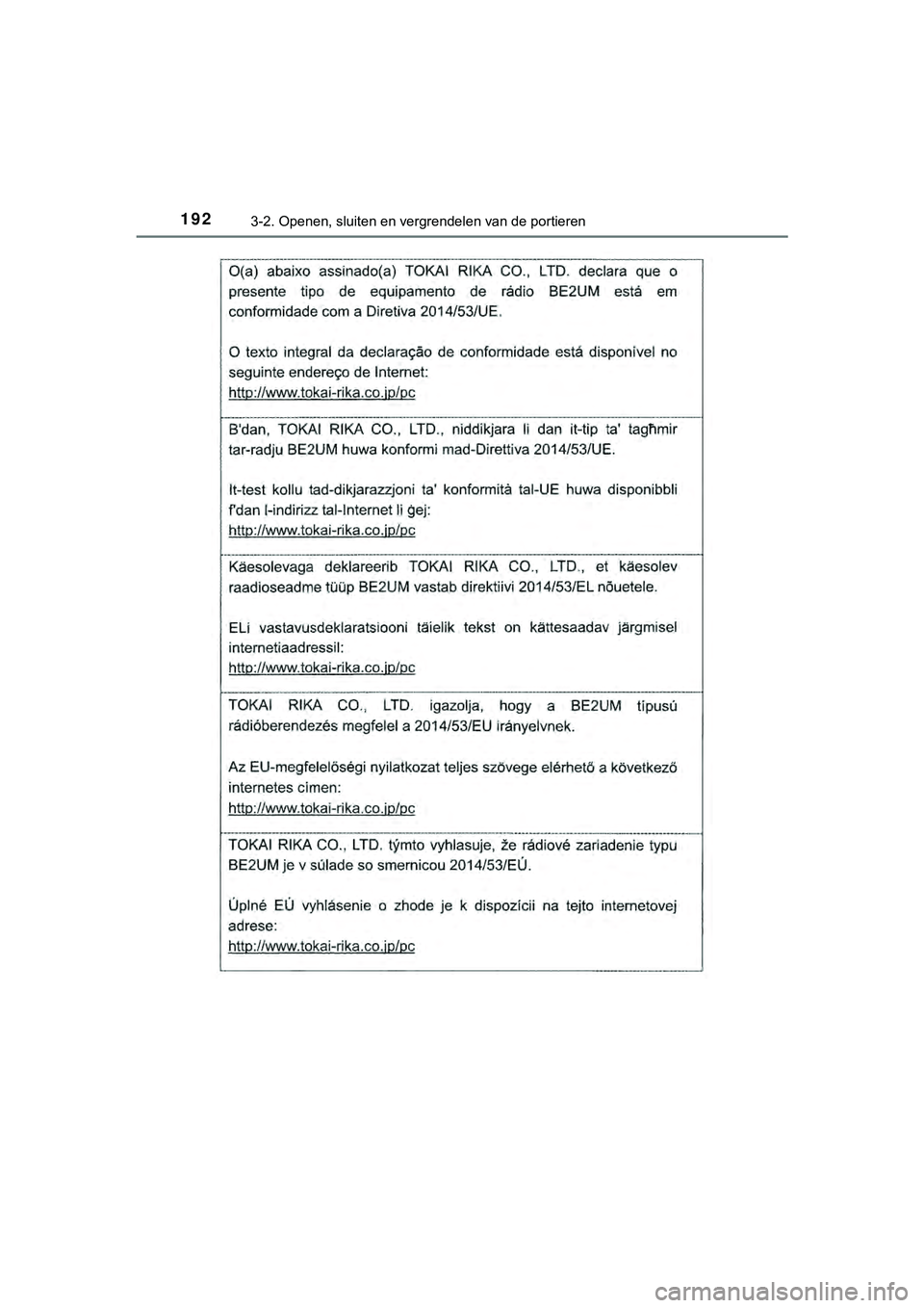 TOYOTA HILUX 2018  Instructieboekje (in Dutch) 1923-2. Openen, sluiten en vergrendelen van de portieren
HILUX_OM_OM0K375E_(EE)
HILUX_OM_OM0K375E_(EE).book  Page 192  Thursday, April 12, 2018  12:31 PM 