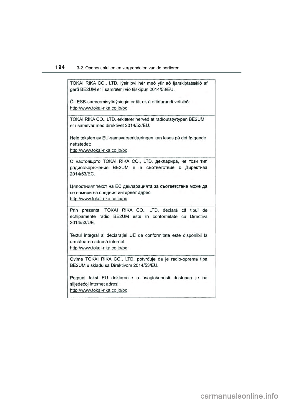 TOYOTA HILUX 2018  Instructieboekje (in Dutch) 1943-2. Openen, sluiten en vergrendelen van de portieren
HILUX_OM_OM0K375E_(EE)
HILUX_OM_OM0K375E_(EE).book  Page 194  Thursday, April 12, 2018  12:31 PM 