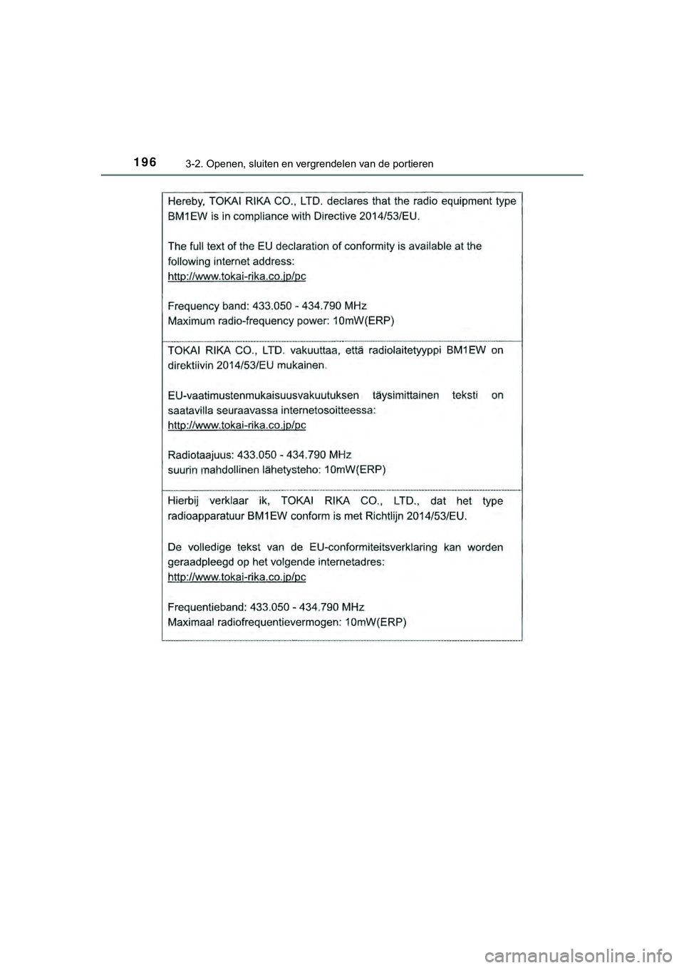 TOYOTA HILUX 2018  Instructieboekje (in Dutch) 1963-2. Openen, sluiten en vergrendelen van de portieren
HILUX_OM_OM0K375E_(EE)
HILUX_OM_OM0K375E_(EE).book  Page 196  Thursday, April 12, 2018  12:31 PM 