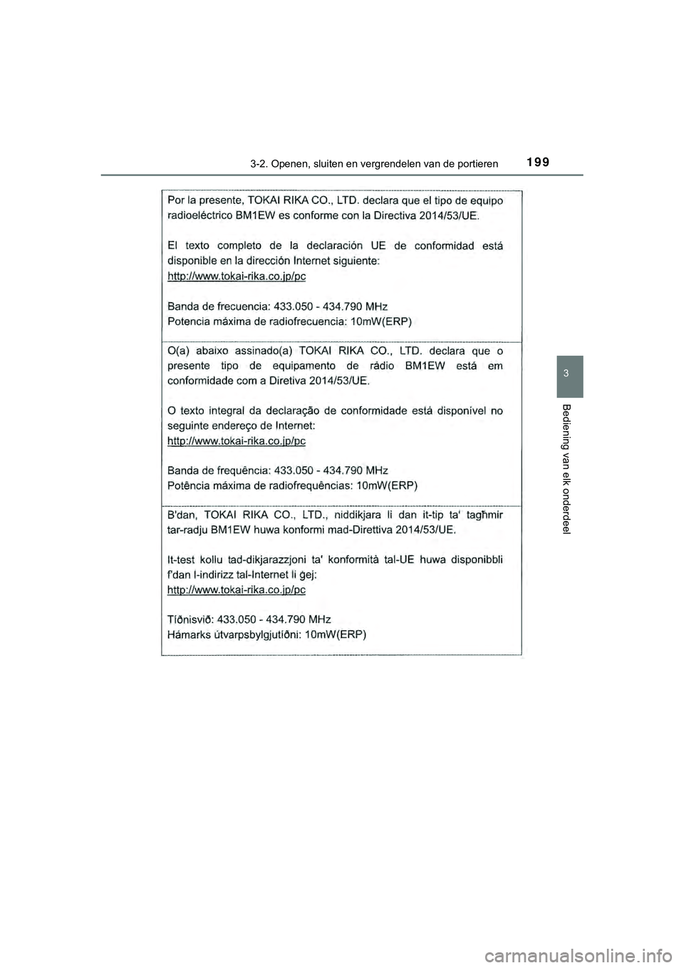 TOYOTA HILUX 2018  Instructieboekje (in Dutch) 1993-2. Openen, sluiten en vergrendelen van de portieren
3
Bediening van elk onderdeel
HILUX_OM_OM0K375E_(EE)
HILUX_OM_OM0K375E_(EE).book   Page 199  Thursday, April 12, 2018  12:31 PM 