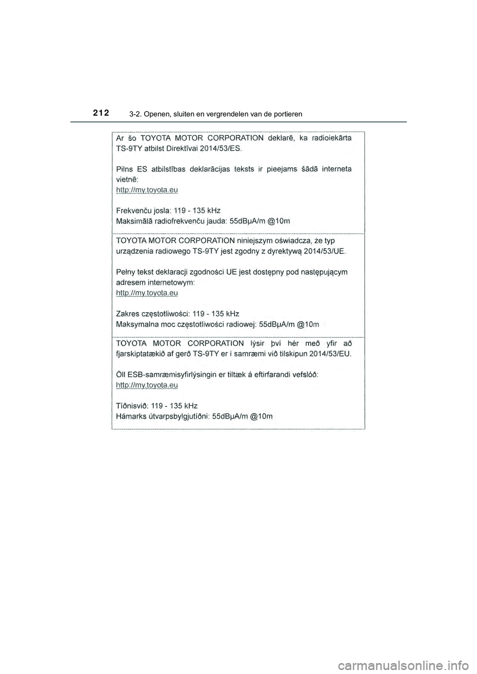 TOYOTA HILUX 2018  Instructieboekje (in Dutch) 2123-2. Openen, sluiten en vergrendelen van de portieren
HILUX_OM_OM0K375E_(EE)
HILUX_OM_OM0K375E_(EE).book  Page 212  Thursday, April 12, 2018  12:31 PM 