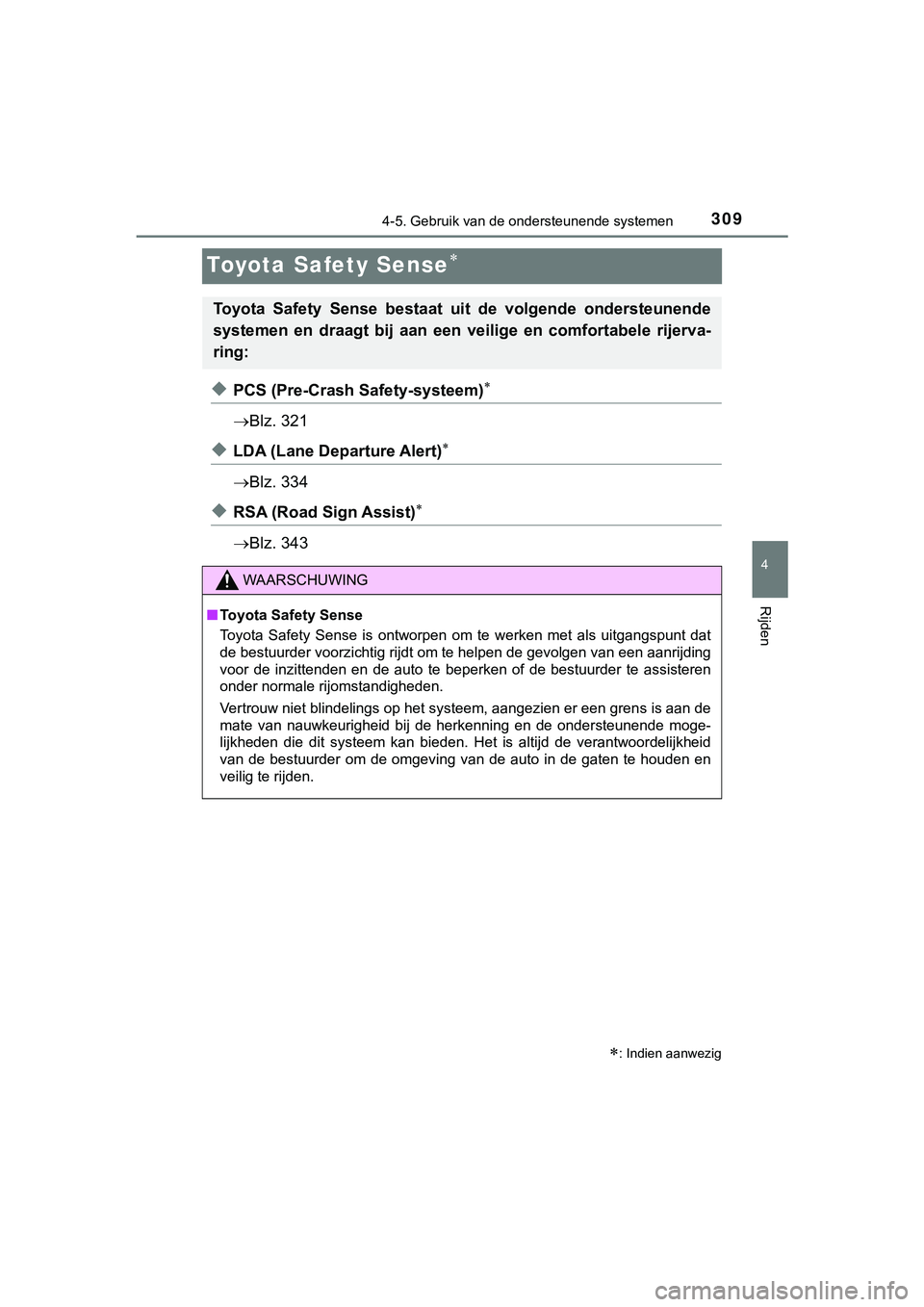 TOYOTA HILUX 2018 Instructieboekje (in Dutch) 309
4
4-5. Gebruik van de ondersteunende systemen
Rijden
HILUX_OM_OM0K375E_(EE)
Toyota Safety Sense
◆PCS (Pre-Crash Safety-systeem)
Blz. 321
◆LDA (Lane Departure Alert)
Blz. 334
◆ TOYOTA HILUX 2018 Instructieboekje (in Dutch) 309
4
4-5. Gebruik van de ondersteunende systemen
Rijden
HILUX_OM_OM0K375E_(EE)
Toyota Safety Sense
◆PCS (Pre-Crash Safety-systeem)
Blz. 321
◆LDA (Lane Departure Alert)
Blz. 334
◆