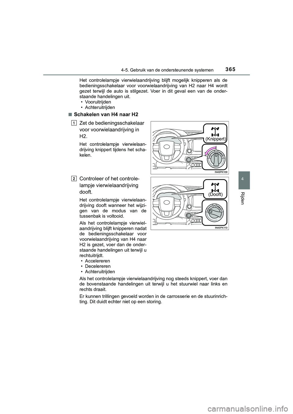 TOYOTA HILUX 2018  Instructieboekje (in Dutch) 3654-5. Gebruik van de ondersteunende systemen
4
Rijden
HILUX_OM_OM0K375E_(EE)Het  controlelampje  vierwielaandrijving  blijft  mogelijk  knipperen  als  de
bedieningsschakelaar  voor  voorwielaandrij