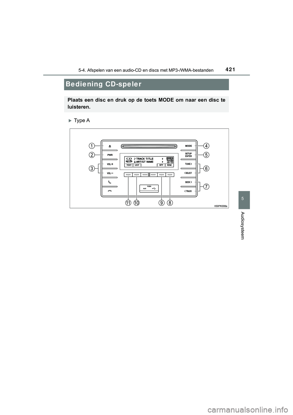 TOYOTA HILUX 2018 Instructieboekje (in Dutch) 421
5
5-4. Afspelen van een audio-CD en discs met MP3-/WMA-bestanden
Audiosysteem
HILUX_OM_OM0K375E_(EE)
Bediening CD-speler
Ty p e A
Plaats een disc en druk op de t oets MODE om naar e TOYOTA HILUX 2018 Instructieboekje (in Dutch) 421
5
5-4. Afspelen van een audio-CD en discs met MP3-/WMA-bestanden
Audiosysteem
HILUX_OM_OM0K375E_(EE)
Bediening CD-speler
Ty p e A
Plaats een disc en druk op de t oets MODE om naar e