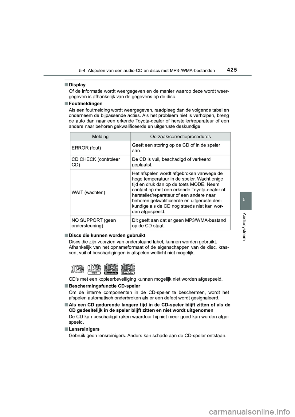 TOYOTA HILUX 2018 Instructieboekje (in Dutch) 4255-4. Afspelen van een audio-CD en discs met MP3-/WMA-bestanden
5
Audiosysteem
HILUX_OM_OM0K375E_(EE)
■Display
Of de informatie wordt weergegeven en de manier waarop deze wordt weer-
gegeven is af TOYOTA HILUX 2018 Instructieboekje (in Dutch) 4255-4. Afspelen van een audio-CD en discs met MP3-/WMA-bestanden
5
Audiosysteem
HILUX_OM_OM0K375E_(EE)
■Display
Of de informatie wordt weergegeven en de manier waarop deze wordt weer-
gegeven is af