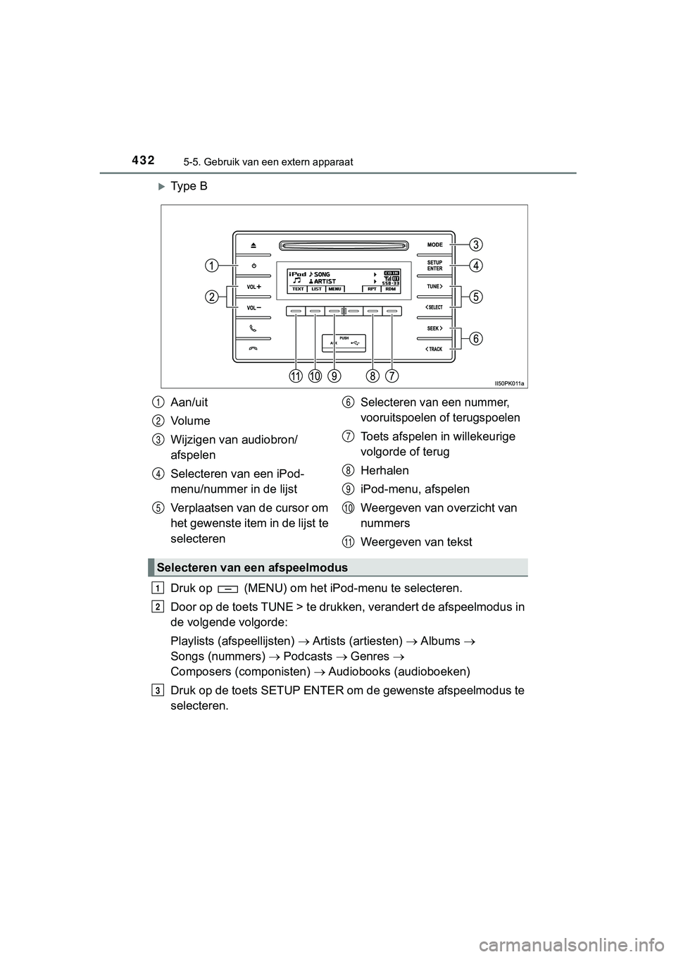 TOYOTA HILUX 2018 Instructieboekje (in Dutch) 4325-5. Gebruik van een extern apparaat
HILUX_OM_OM0K375E_(EE)
Ty p e B
Druk op (MENU) om het iPod-menu te selecteren.
Door op de toets TUNE > te drukken, verandert de afspeelmodus i n
de volge TOYOTA HILUX 2018 Instructieboekje (in Dutch) 4325-5. Gebruik van een extern apparaat
HILUX_OM_OM0K375E_(EE)
Ty p e B
Druk op (MENU) om het iPod-menu te selecteren.
Door op de toets TUNE > te drukken, verandert de afspeelmodus i n
de volge