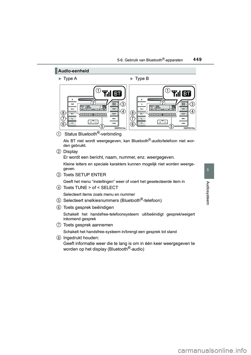 TOYOTA HILUX 2018 Instructieboekje (in Dutch) 4495-6. Gebruik van Bluetooth®-apparaten
5
Audiosysteem
HILUX_OM_OM0K375E_(EE)
Status Bluetooth®-verbinding
Als BT niet wordt weergegeven, kan Bluetooth®-audio/telefoon niet wor-
den gebru TOYOTA HILUX 2018 Instructieboekje (in Dutch) 4495-6. Gebruik van Bluetooth®-apparaten
5
Audiosysteem
HILUX_OM_OM0K375E_(EE)
Status Bluetooth®-verbinding
Als BT niet wordt weergegeven, kan Bluetooth®-audio/telefoon niet wor-
den gebru