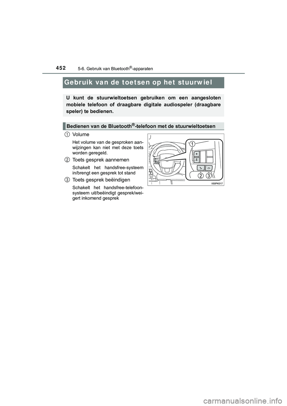 TOYOTA HILUX 2018 Instructieboekje (in Dutch) 4525-6. Gebruik van Bluetooth®-apparaten
HILUX_OM_OM0K375E_(EE)
Gebruik van de toetsen op het stuurwiel
Vo l u m e
Het volume van de gesproken aan-
wijzingen kan niet met deze toets
worden gereg TOYOTA HILUX 2018 Instructieboekje (in Dutch) 4525-6. Gebruik van Bluetooth®-apparaten
HILUX_OM_OM0K375E_(EE)
Gebruik van de toetsen op het stuurwiel
Vo l u m e
Het volume van de gesproken aan-
wijzingen kan niet met deze toets
worden gereg