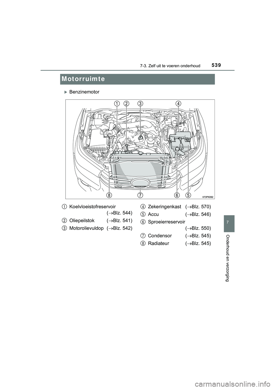 TOYOTA HILUX 2018  Instructieboekje (in Dutch) 5397-3. Zelf uit te voeren onderhoud
HILUX_OM_OM0K375E_(EE)
7
Onderhoud en verzorging
Motorruimte
Benzinemotor
Koelvloeistofreservoir 
( Blz. 544)
Oliepeilstok   ( Blz. 541)
Motorolievuldop (