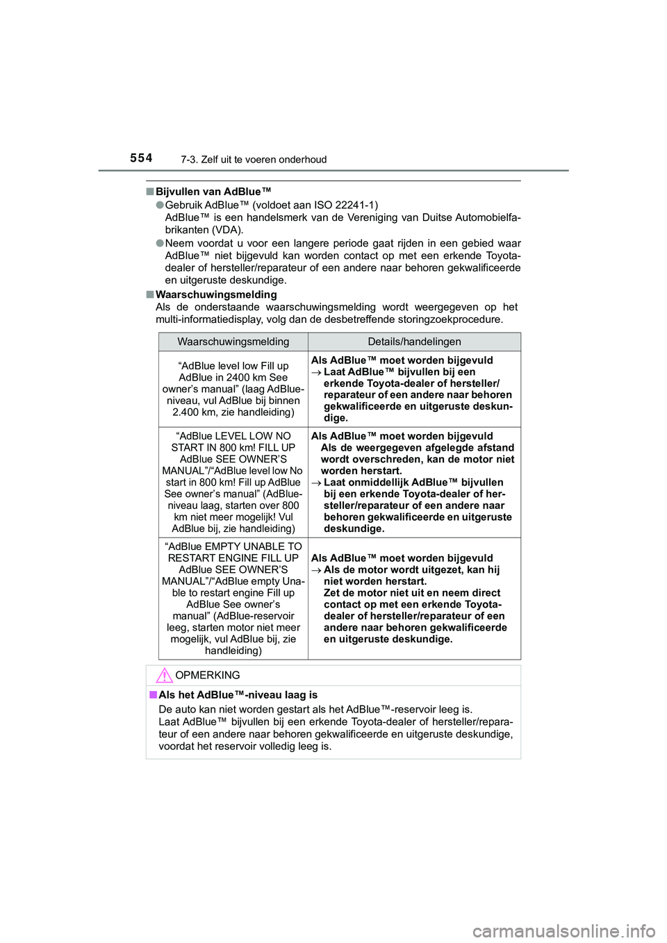 TOYOTA HILUX 2018  Instructieboekje (in Dutch) 5547-3. Zelf uit te voeren onderhoud
HILUX_OM_OM0K375E_(EE)
■Bijvullen van AdBlue™
●Gebruik AdBlue™ (voldoet aan ISO 22241-1)
AdBlue™  is  een  handelsmerk  van  de  Vereniging  van  Duitse 
