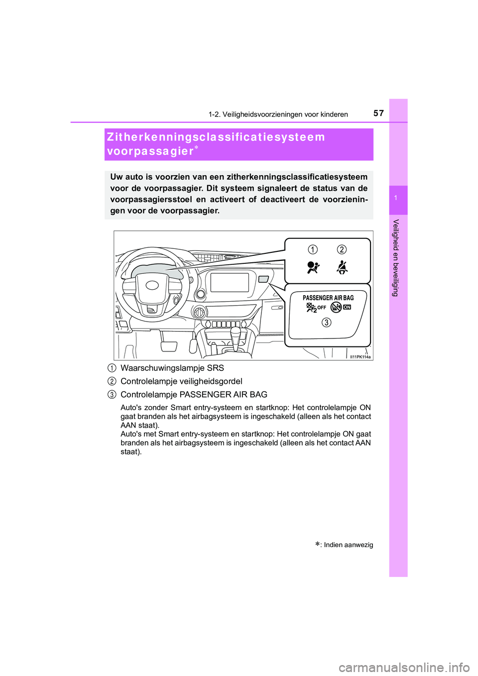 TOYOTA HILUX 2018 Instructieboekje (in Dutch) 571-2. Veiligheidsvoorzieningen voor kinderen
1
HILUX_OM_OM0K375E_(EE)
Veiligheid en beveiliging
Zitherkenningsclassificatiesysteem
voorpassagier
Waarschuwingslampje SRS
Controlelampje veiligheid TOYOTA HILUX 2018 Instructieboekje (in Dutch) 571-2. Veiligheidsvoorzieningen voor kinderen
1
HILUX_OM_OM0K375E_(EE)
Veiligheid en beveiliging
Zitherkenningsclassificatiesysteem
voorpassagier
Waarschuwingslampje SRS
Controlelampje veiligheid