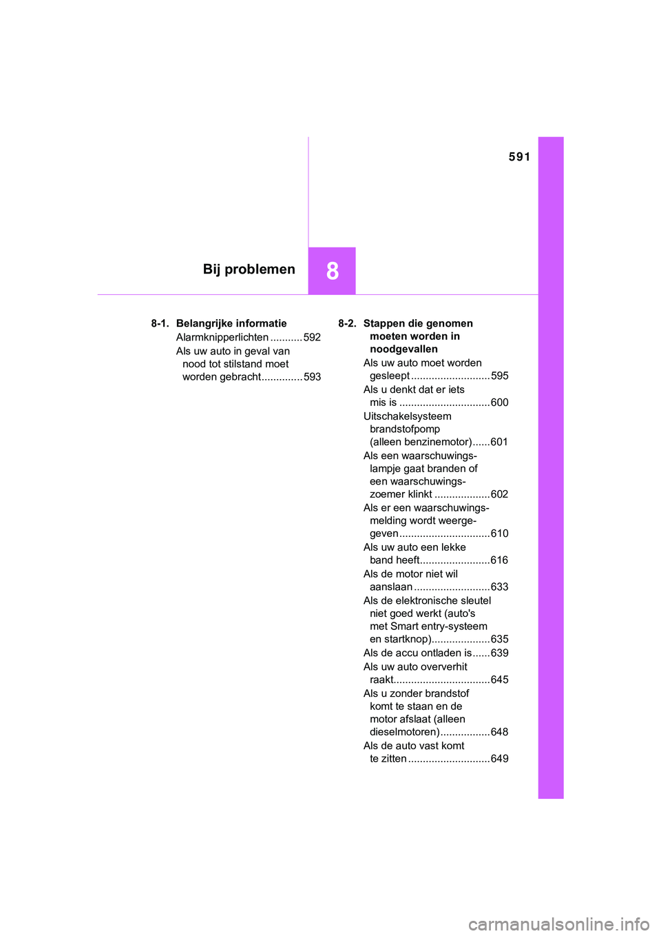 TOYOTA HILUX 2018  Instructieboekje (in Dutch) 591
8Bij problemen
HILUX_OM_OM0K375E_(EE)8-1. Belangrijke informatie
Alarmknipperlichten ........... 592
Als uw auto in geval van nood tot stilstand moet 
worden gebracht .............. 593 8-2. Stapp