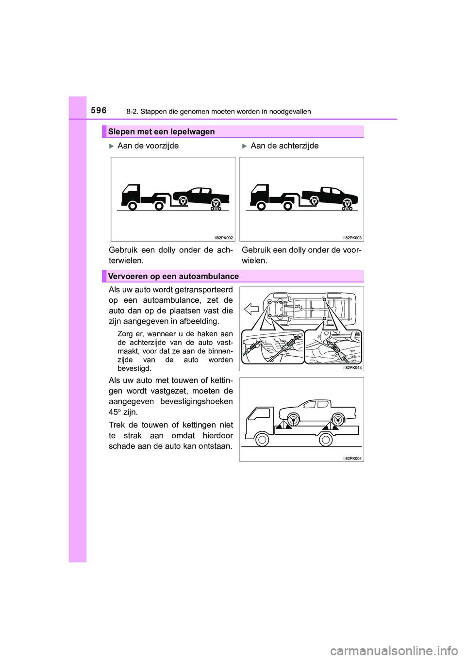 TOYOTA HILUX 2018  Instructieboekje (in Dutch) 5968-2. Stappen die genomen moeten worden in noodgevallen
HILUX_OM_OM0K375E_(EE)
Als uw auto wordt getransporteerd
op  een  autoambulance,  zet  de
auto  dan  op  de  plaatsen  vast  die
zijn aangegev