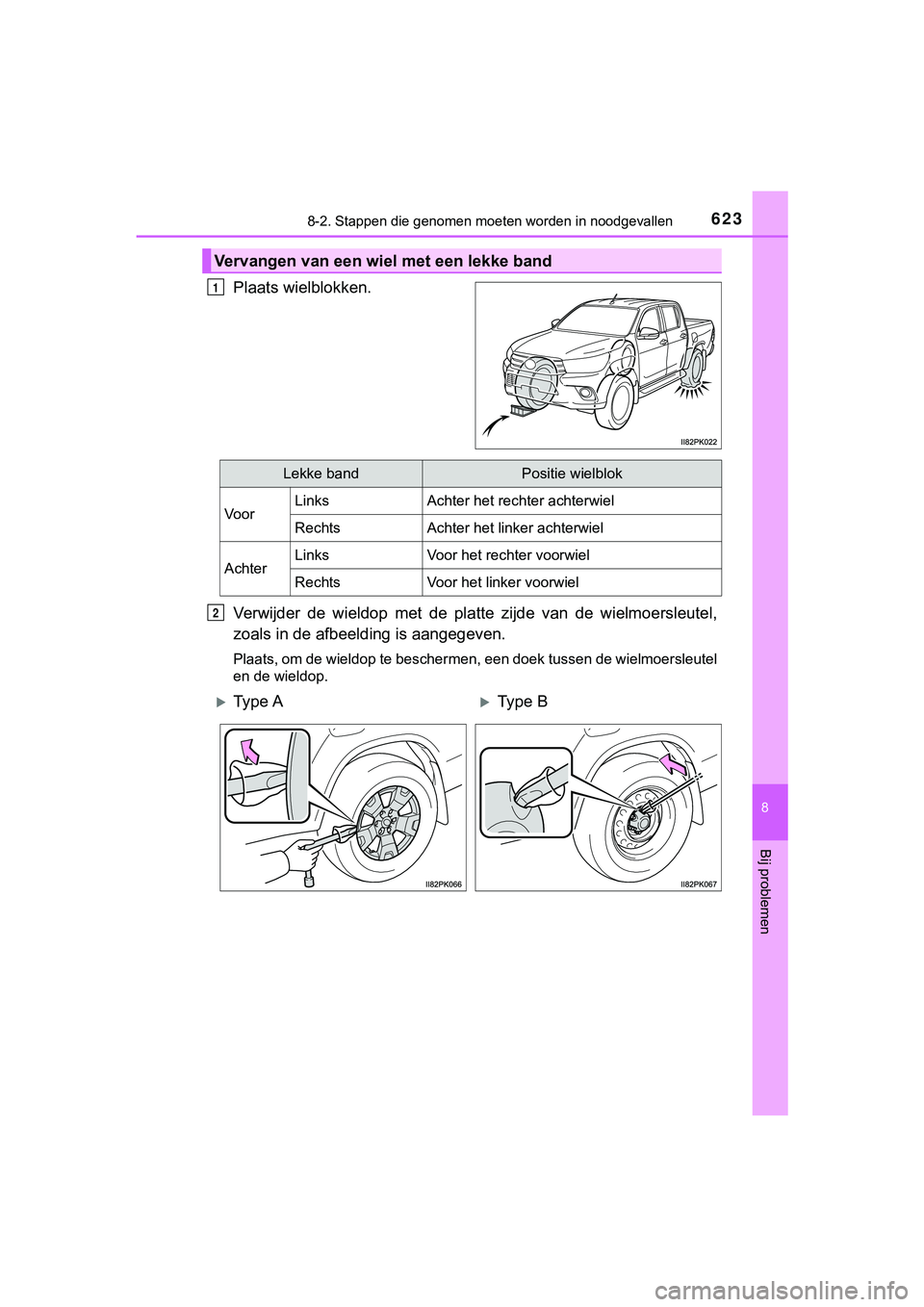 TOYOTA HILUX 2018  Instructieboekje (in Dutch) 6238-2. Stappen die genomen moeten worden in noodgevallen
HILUX_OM_OM0K375E_(EE)
8
Bij problemen
Plaats wielblokken.
Verwijder  de  wieldop  met  de  platte  zijde  van  de  wielmoersleutel ,
zoals in