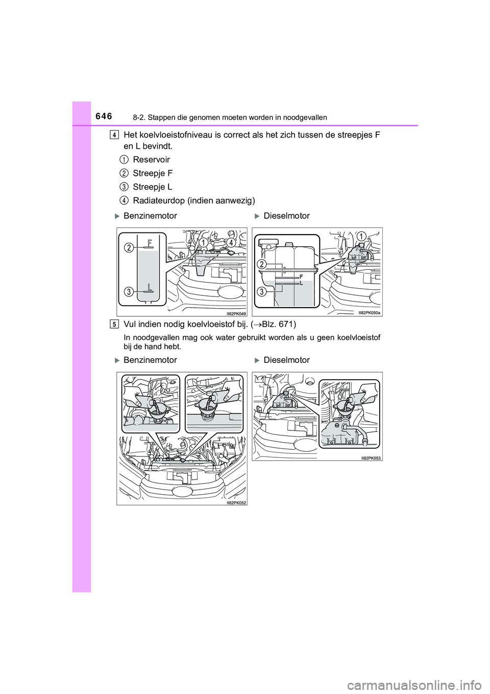 TOYOTA HILUX 2018  Instructieboekje (in Dutch) 6468-2. Stappen die genomen moeten worden in noodgevallen
HILUX_OM_OM0K375E_(EE)
Het koelvloeistofniveau is correct als het zich tussen de stree pjes F
en L bevindt.
Reservoir
Streepje F
Streepje L
Ra