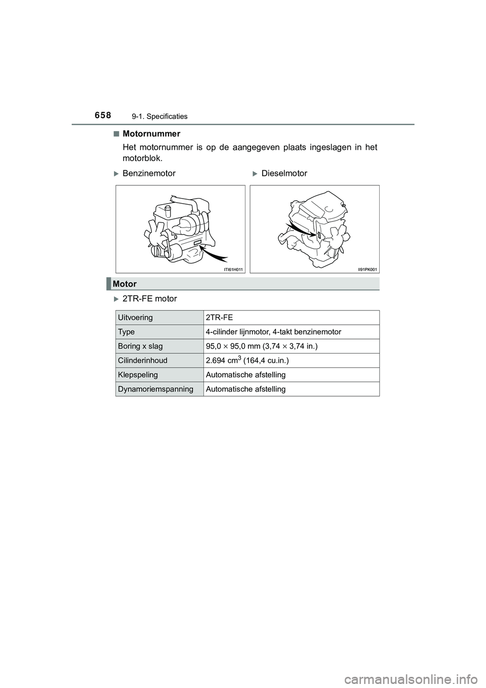 TOYOTA HILUX 2018 Instructieboekje (in Dutch) 6589-1. Specificaties
HILUX_OM_OM0K375E_(EE)■
Motornummer
Het motornummer is op de aangegeven plaats ingeslagen in het
motorblok.
2TR-FE motor
BenzinemotorDieselmotor
Motor
Uitvoer TOYOTA HILUX 2018 Instructieboekje (in Dutch) 6589-1. Specificaties
HILUX_OM_OM0K375E_(EE)■
Motornummer
Het motornummer is op de aangegeven plaats ingeslagen in het
motorblok.
2TR-FE motor
BenzinemotorDieselmotor
Motor
Uitvoer