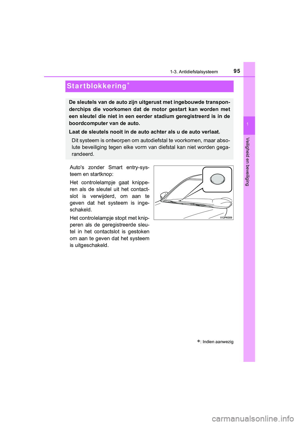 TOYOTA HILUX 2018  Instructieboekje (in Dutch) 95
1
1-3. Antidiefstalsysteem
HILUX_OM_OM0K375E_(EE)
Veiligheid en beveiliging
Startblokkering
Auto's  zonder  Smart  entry-sys-
teem en startknop:
Het  controlelampje  gaat  knippe-
ren  als  