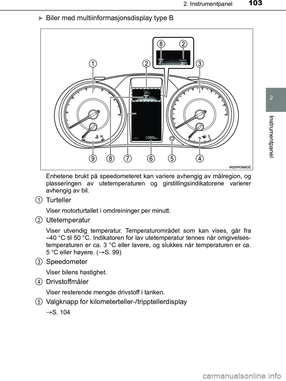 TOYOTA HILUX 2018 Instruksjoner for bruk (in Norwegian) 1032. Instrumentpanel
2
Instrumentpanel
HILUX_OM_OM0K375NO_(EE)
Biler med multiinformasjonsdisplay type B
Enhetene brukt på speedometeret kan variere avhengig av målregion, og
plasseringen av ute TOYOTA HILUX 2018 Instruksjoner for bruk (in Norwegian) 1032. Instrumentpanel
2
Instrumentpanel
HILUX_OM_OM0K375NO_(EE)
Biler med multiinformasjonsdisplay type B
Enhetene brukt på speedometeret kan variere avhengig av målregion, og
plasseringen av ute