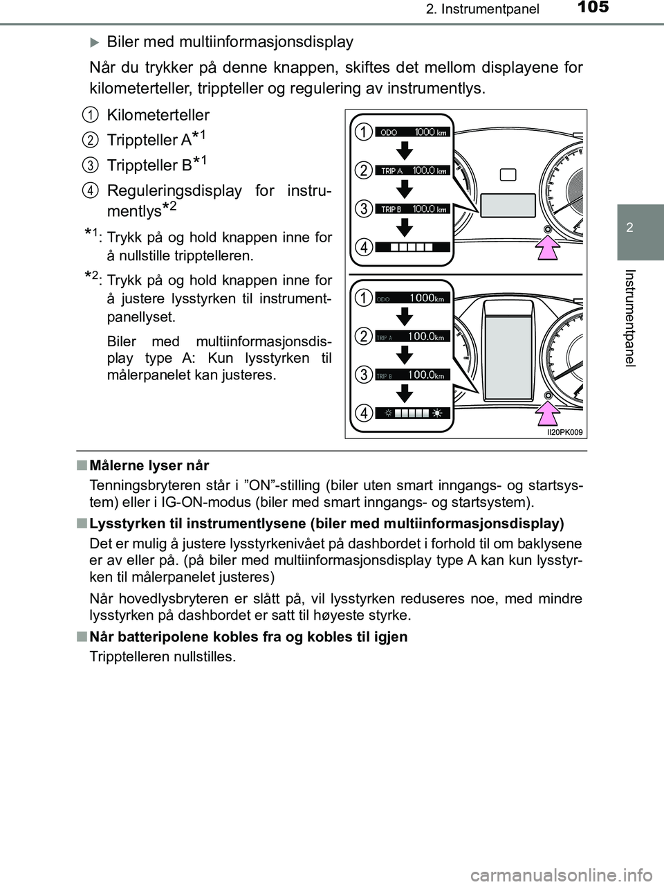 TOYOTA HILUX 2018 Instruksjoner for bruk (in Norwegian) 1052. Instrumentpanel
2
Instrumentpanel
HILUX_OM_OM0K375NO_(EE)
Biler med multiinformasjonsdisplay
Når du trykker på denne knappen, skiftes det mellom displayene for
kilometerteller, trippteller TOYOTA HILUX 2018 Instruksjoner for bruk (in Norwegian) 1052. Instrumentpanel
2
Instrumentpanel
HILUX_OM_OM0K375NO_(EE)
Biler med multiinformasjonsdisplay
Når du trykker på denne knappen, skiftes det mellom displayene for
kilometerteller, trippteller