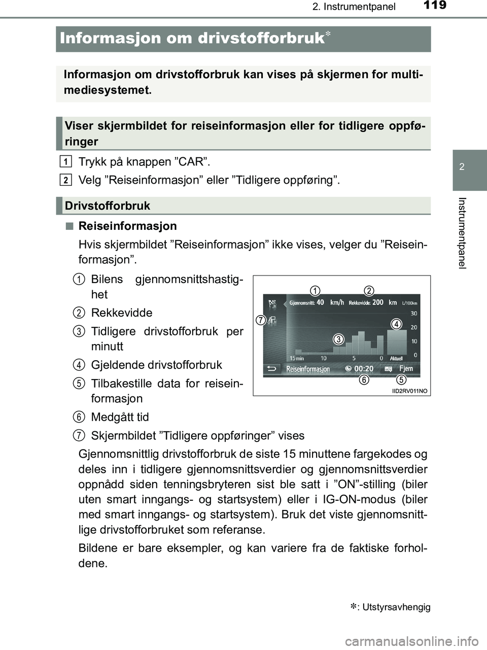 TOYOTA HILUX 2018  Instruksjoner for bruk (in Norwegian) 119
2
2. Instrumentpanel
Instrumentpanel
HILUX_OM_OM0K375NO_(EE)
Informasjon om drivstofforbruk
Trykk på knappen ”CAR”.
Velg ”Reiseinformasjon” eller ”Tidligere oppføring”.
nReiseinfo