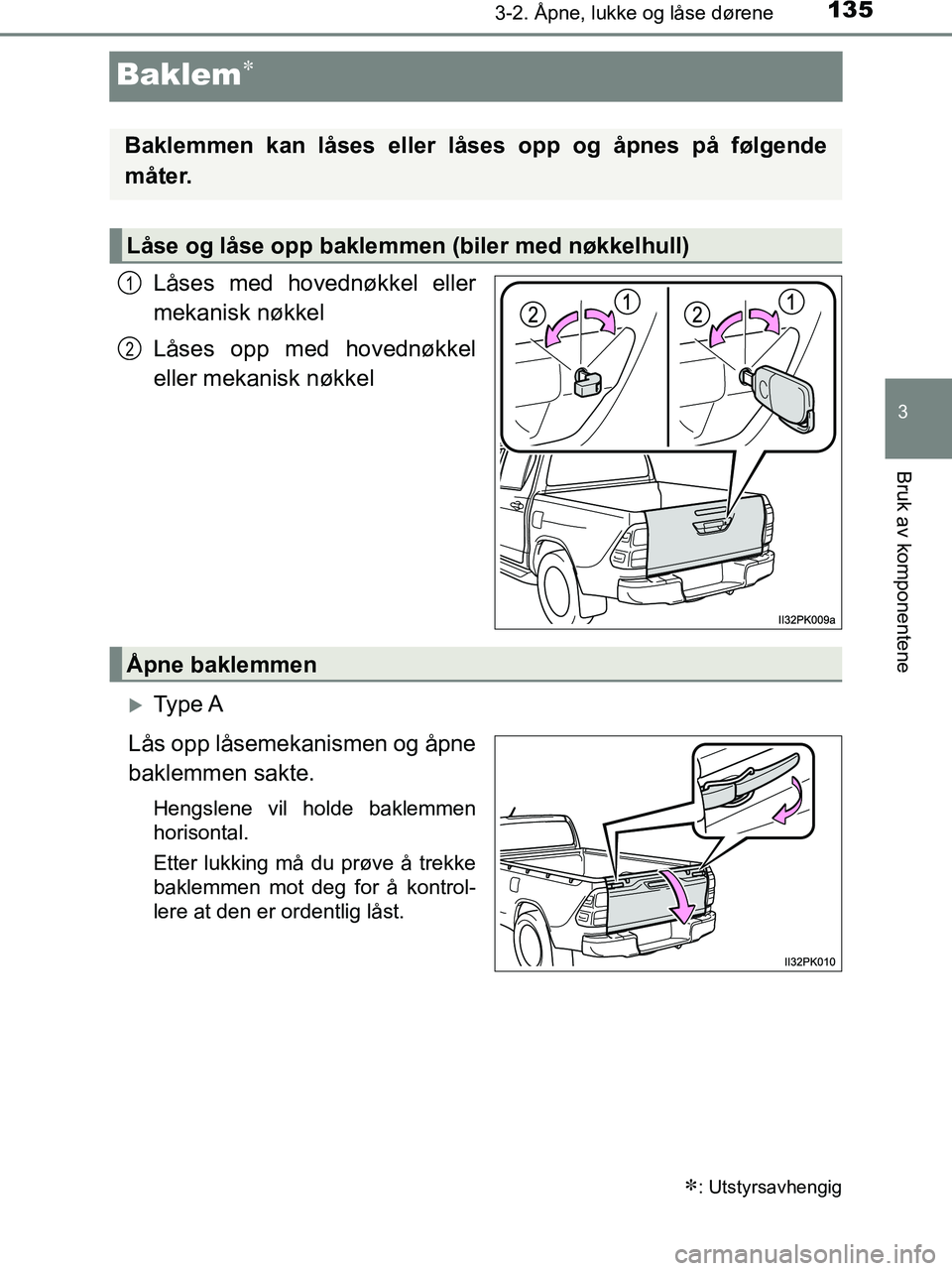 TOYOTA HILUX 2018 Instruksjoner for bruk (in Norwegian) 135
3
3-2. Åpne, lukke og låse dørene
Bruk av komponentene
HILUX_OM_OM0K375NO_(EE)
Baklem
Låses med hovednøkkel eller
mekanisk nøkkel
Låses opp med hovednøkkel
eller mekanisk nøkkel
Ty TOYOTA HILUX 2018 Instruksjoner for bruk (in Norwegian) 135
3
3-2. Åpne, lukke og låse dørene
Bruk av komponentene
HILUX_OM_OM0K375NO_(EE)
Baklem
Låses med hovednøkkel eller
mekanisk nøkkel
Låses opp med hovednøkkel
eller mekanisk nøkkel
Ty