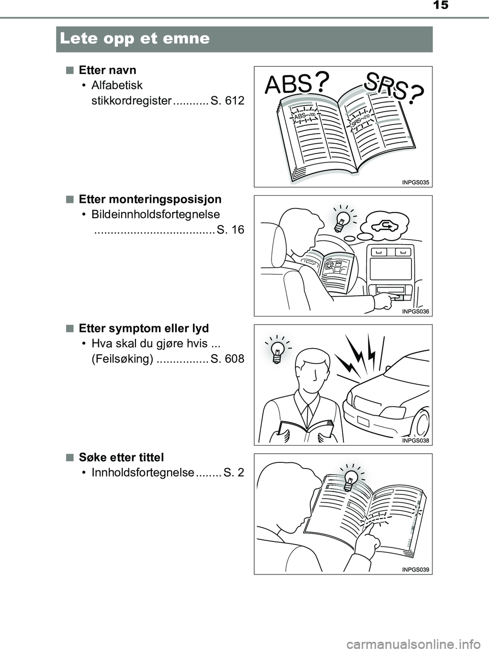 TOYOTA HILUX 2018 Instruksjoner for bruk (in Norwegian) 15
HILUX_OM_OM0K375NO_(EE)
Lete opp et emne
nEtter navn• Alfabetisk stikkordregister ........... S. 612
nEtter monteringsposisjon• Bildeinnholdsfortegnelse ..................................... TOYOTA HILUX 2018 Instruksjoner for bruk (in Norwegian) 15
HILUX_OM_OM0K375NO_(EE)
Lete opp et emne
nEtter navn• Alfabetisk stikkordregister ........... S. 612
nEtter monteringsposisjon• Bildeinnholdsfortegnelse .....................................