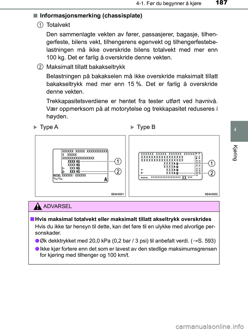 TOYOTA HILUX 2018  Instruksjoner for bruk (in Norwegian) 1874-1. Før du begynner å kjøre
4
Kjøring
HILUX_OM_OM0K375NO_(EE)n
Informasjonsmerking (chassisplate)
Totalvekt
Den sammenlagte vekten av fører,  passasjerer, bagasje, tilhen-
gerfeste, bilens ve
