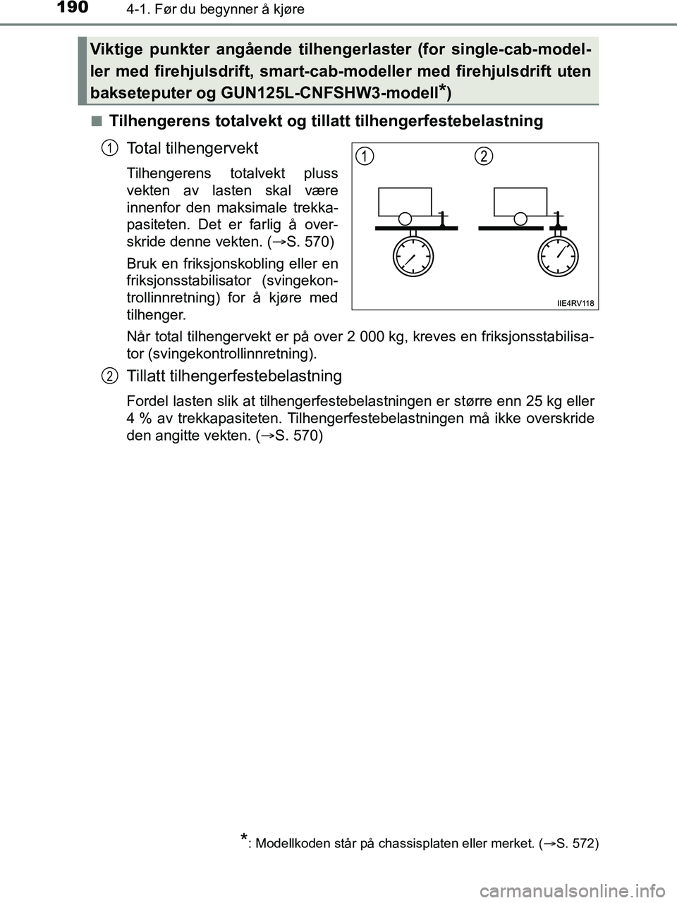 TOYOTA HILUX 2018  Instruksjoner for bruk (in Norwegian) 1904-1. Før du begynner å kjøre
HILUX_OM_OM0K375NO_(EE)n
Tilhengerens totalvekt og tillatt tilhengerfestebelastning
Total tilhengervekt
Tilhengerens totalvekt pluss
vekten av lasten skal være
inne