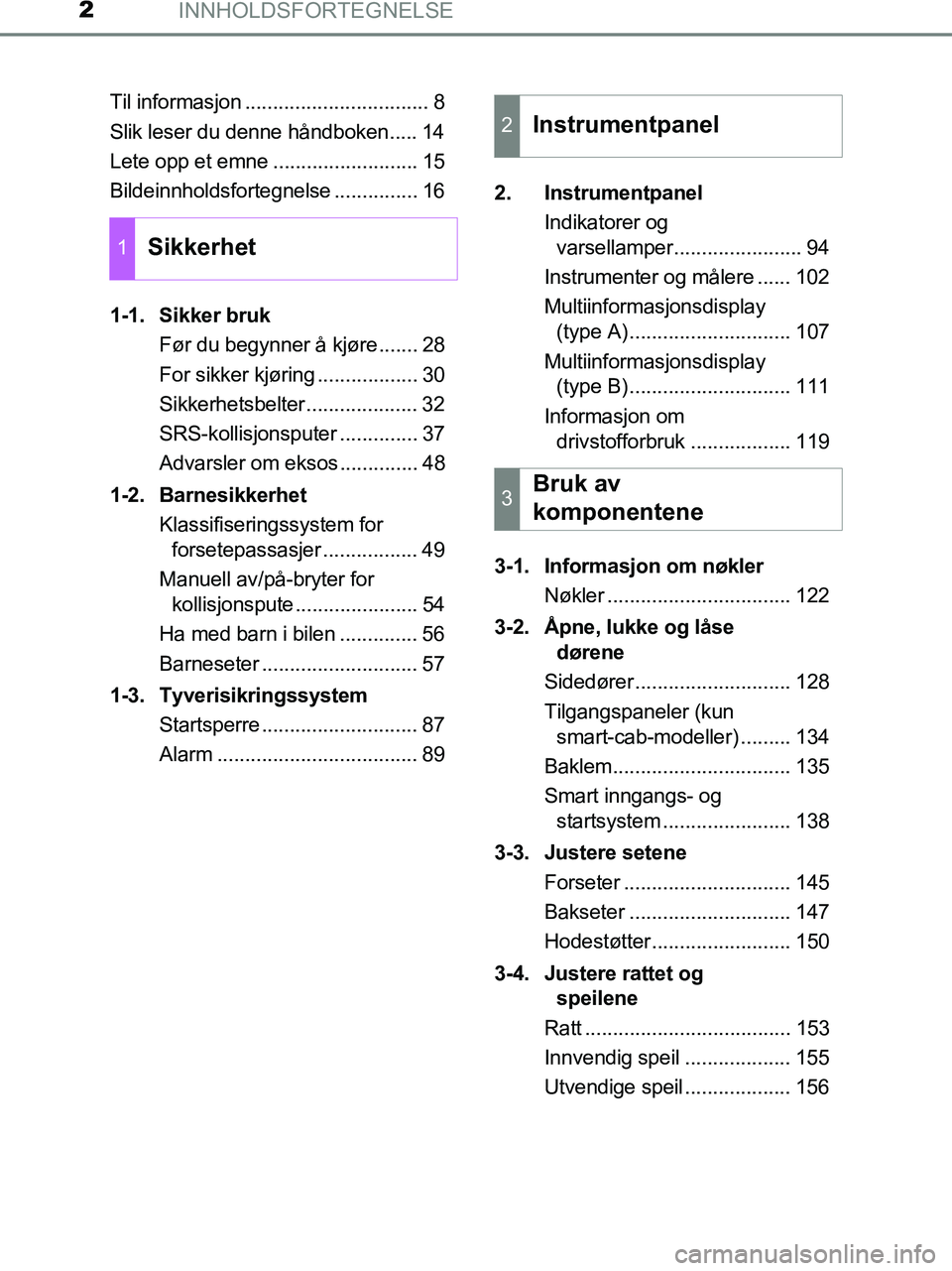 TOYOTA HILUX 2018 Instruksjoner for bruk (in Norwegian) INNHOLDSFORTEGNELSE2
HILUX_OM_OM0K375NO_(EE)Til informasjon ................................. 8
Slik leser du denne håndboken..... 14
Lete opp et emne .......................... 15
Bildeinnholdsforte TOYOTA HILUX 2018 Instruksjoner for bruk (in Norwegian) INNHOLDSFORTEGNELSE2
HILUX_OM_OM0K375NO_(EE)Til informasjon ................................. 8
Slik leser du denne håndboken..... 14
Lete opp et emne .......................... 15
Bildeinnholdsforte