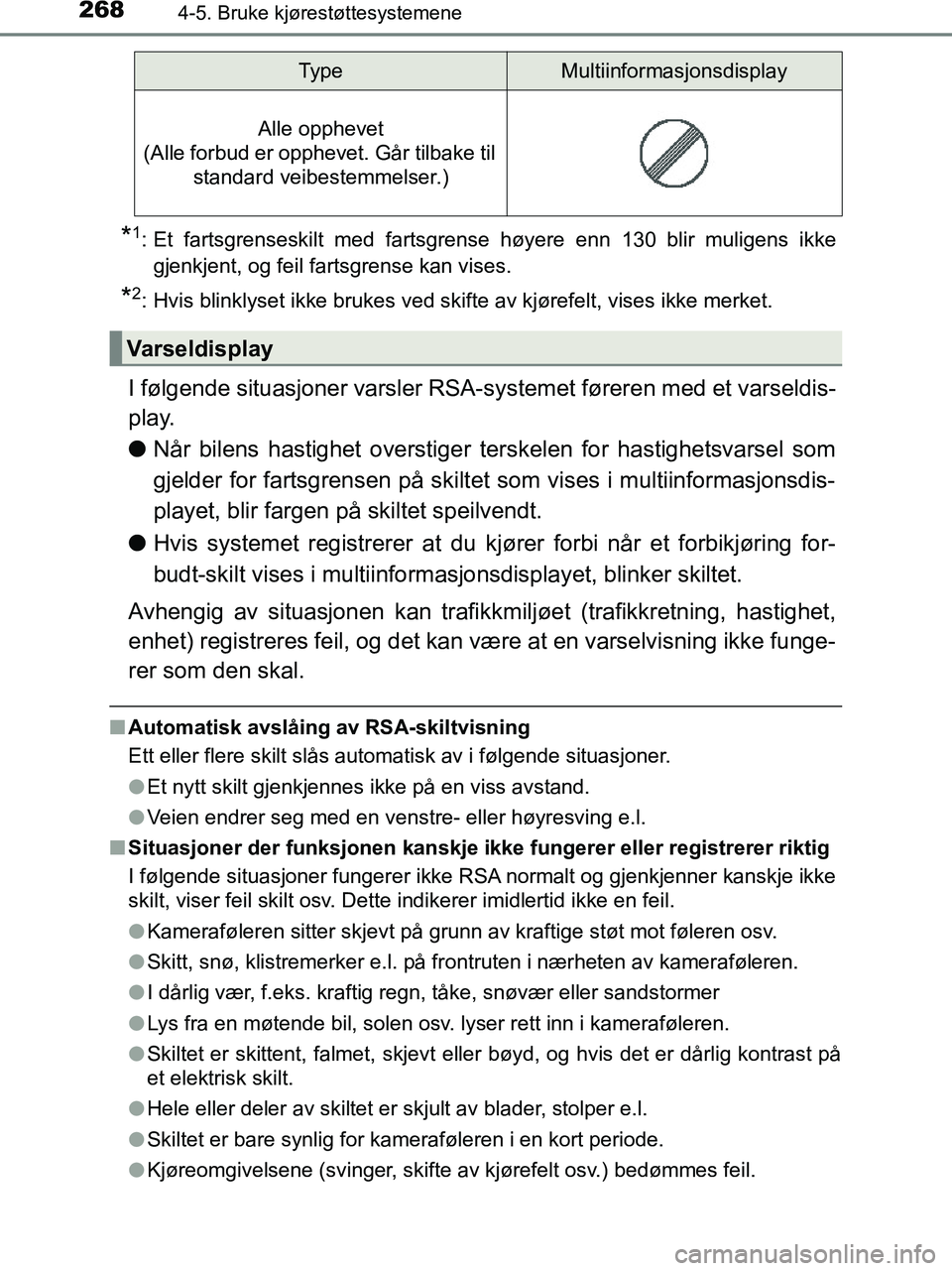 TOYOTA HILUX 2018  Instruksjoner for bruk (in Norwegian) 2684-5. Bruke kjørestøttesystemene
HILUX_OM_OM0K375NO_(EE)
*1: Et fartsgrenseskilt med fartsgrense høyere enn 130 blir muligens ikkegjenkjent, og feil fartsgrense kan vises.
*2: Hvis blinklyset ikk