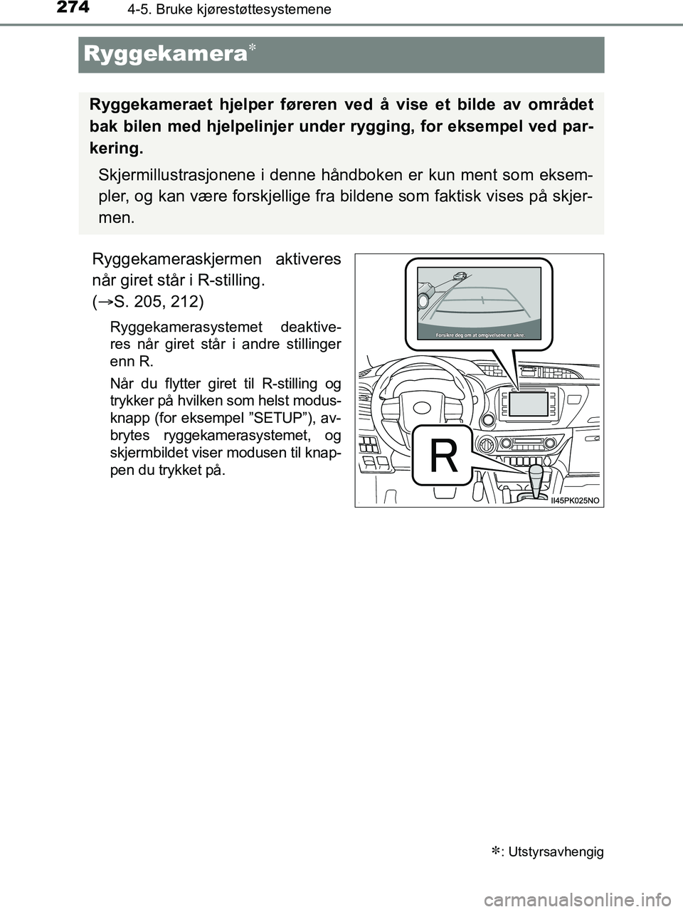 TOYOTA HILUX 2018  Instruksjoner for bruk (in Norwegian) 2744-5. Bruke kjørestøttesystemene
HILUX_OM_OM0K375NO_(EE)
Ryggekamera
Ryggekameraskjermen aktiveres
når giret står i R-stilling. 
( S. 205, 212)
Ryggekamerasystemet deaktive-
res når giret