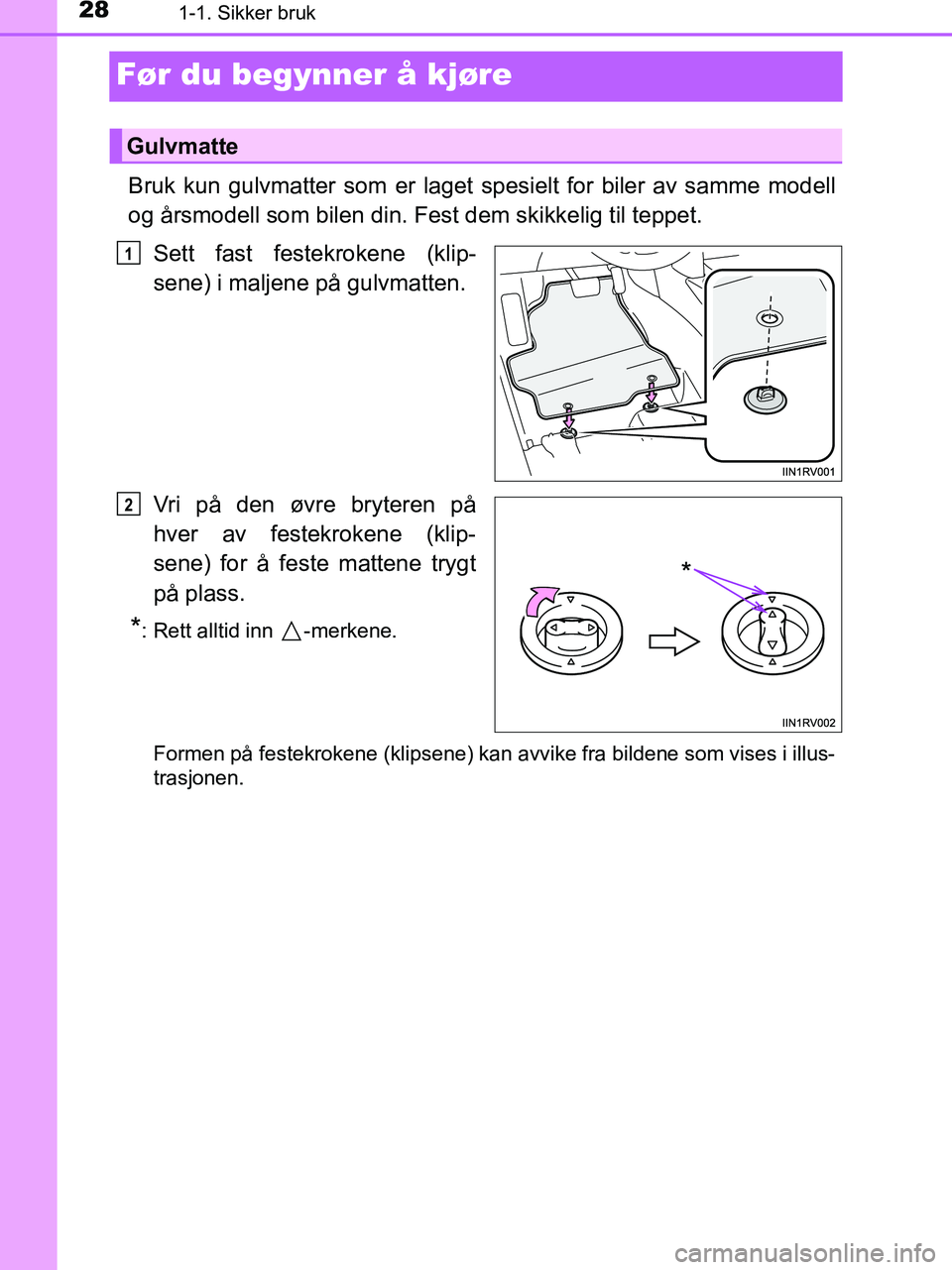 TOYOTA HILUX 2018 Instruksjoner for bruk (in Norwegian) 281-1. Sikker bruk
HILUX_OM_OM0K375NO_(EE)
Før du begynner å kjøre
Bruk kun gulvmatter som er laget spesielt for biler av samme modell
og årsmodell som bilen din. Fest dem skikkelig til teppet.Set TOYOTA HILUX 2018 Instruksjoner for bruk (in Norwegian) 281-1. Sikker bruk
HILUX_OM_OM0K375NO_(EE)
Før du begynner å kjøre
Bruk kun gulvmatter som er laget spesielt for biler av samme modell
og årsmodell som bilen din. Fest dem skikkelig til teppet.Set