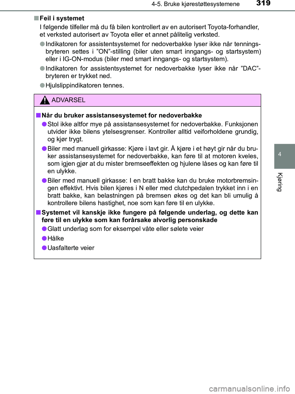TOYOTA HILUX 2018 Instruksjoner for bruk (in Norwegian) 3194-5. Bruke kjørestøttesystemene
4
Kjøring
HILUX_OM_OM0K375NO_(EE)n
Feil i systemet
I følgende tilfeller må du få bilen kontrollert av en autorisert Toyota-forhandler,
et verksted autorisert a TOYOTA HILUX 2018 Instruksjoner for bruk (in Norwegian) 3194-5. Bruke kjørestøttesystemene
4
Kjøring
HILUX_OM_OM0K375NO_(EE)n
Feil i systemet
I følgende tilfeller må du få bilen kontrollert av en autorisert Toyota-forhandler,
et verksted autorisert a