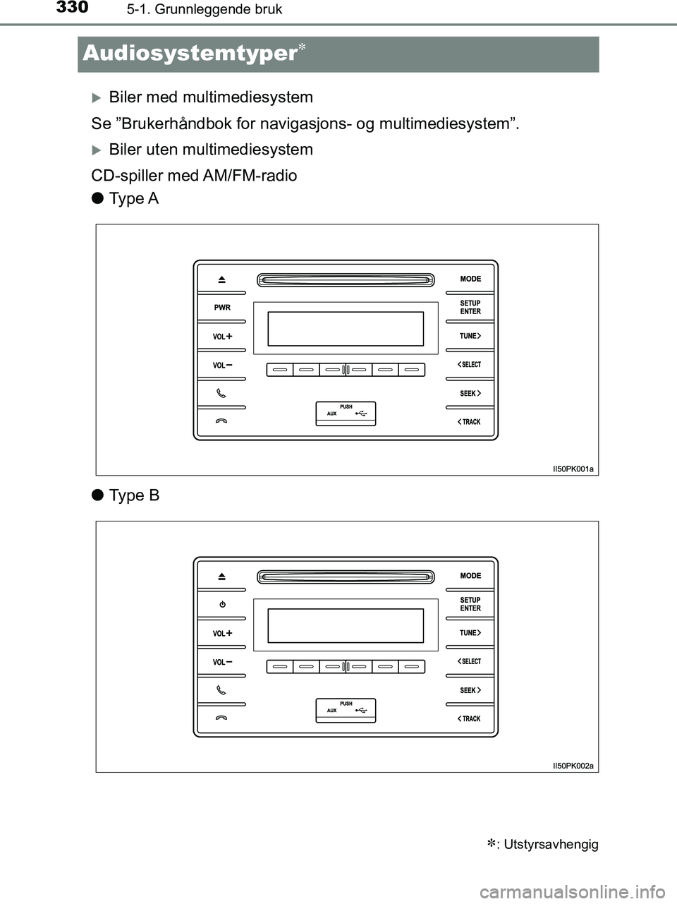 TOYOTA HILUX 2018  Instruksjoner for bruk (in Norwegian) 3305-1. Grunnleggende bruk
HILUX_OM_OM0K375NO_(EE)
Audiosystemtyper
Biler med multimediesystem
Se ”Brukerhåndbok for navigasjons- og multimediesystem”.
Biler uten multimediesystem
CD-spi