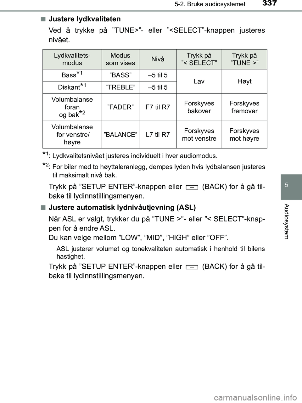 TOYOTA HILUX 2018  Instruksjoner for bruk (in Norwegian) 3375-2. Bruke audiosystemet
5
Audiosystem
HILUX_OM_OM0K375NO_(EE)n
Justere lydkvaliteten
Ved å trykke på ”TUNE>”- eller ”<SELECT”-knappen justeres
nivået.
*1: Lydkvalitetsnivået justeres i