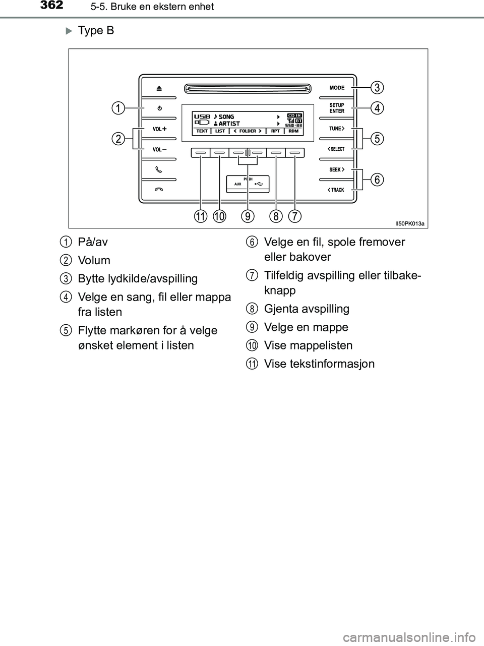 TOYOTA HILUX 2018  Instruksjoner for bruk (in Norwegian) 3625-5. Bruke en ekstern enhet
HILUX_OM_OM0K375NO_(EE)
Ty p e  B
På/av
Volum
Bytte lydkilde/avspilling
Velge en sang, fil eller mappa 
fra listen
Flytte markøren for å velge 
ønsket element i l