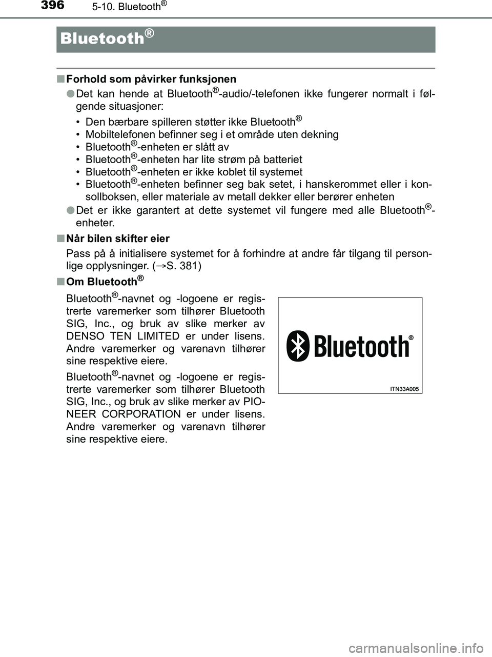 TOYOTA HILUX 2018  Instruksjoner for bruk (in Norwegian) 3965-10. Bluetooth®
HILUX_OM_OM0K375NO_(EE)
Bluetooth®
nForhold som påvirker funksjonen
lDet kan hende at Bluetooth®-audio/-telefonen ikke fungerer normalt i føl-
gende situasjoner:
• Den bærb