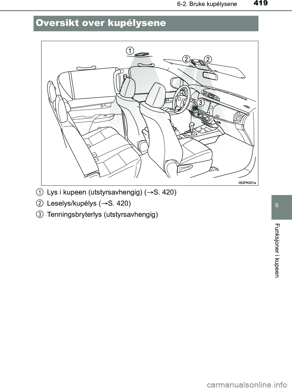 TOYOTA HILUX 2018  Instruksjoner for bruk (in Norwegian) 4196-2. Bruke kupélysene
HILUX_OM_OM0K375NO_(EE)
6
Funksjoner i kupeen
Oversikt over kupélysene
Lys i kupeen (utstyrsavhengig) (S. 420)
Leselys/kupélys ( S. 420)
Tenningsbryterlys (utstyrsavh