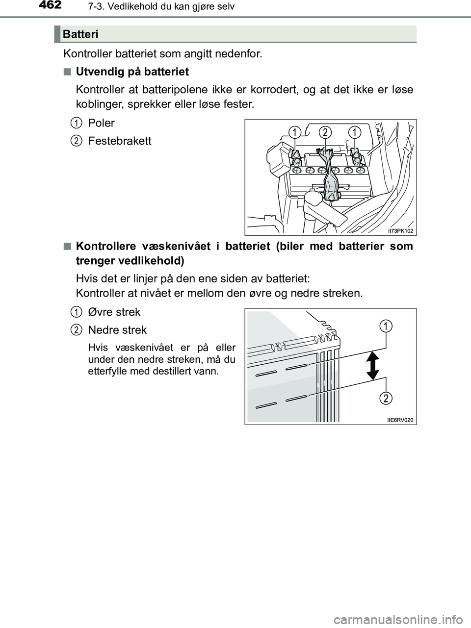 TOYOTA HILUX 2018 Instruksjoner for bruk (in Norwegian) 4627-3. Vedlikehold du kan gjøre selv
HILUX_OM_OM0K375NO_(EE)
Kontroller batteriet som angitt nedenfor.
nUtvendig på batteriet
Kontroller at batteripolene ikke er korrodert, og at det ikke er løse
TOYOTA HILUX 2018 Instruksjoner for bruk (in Norwegian) 4627-3. Vedlikehold du kan gjøre selv
HILUX_OM_OM0K375NO_(EE)
Kontroller batteriet som angitt nedenfor.
nUtvendig på batteriet
Kontroller at batteripolene ikke er korrodert, og at det ikke er løse