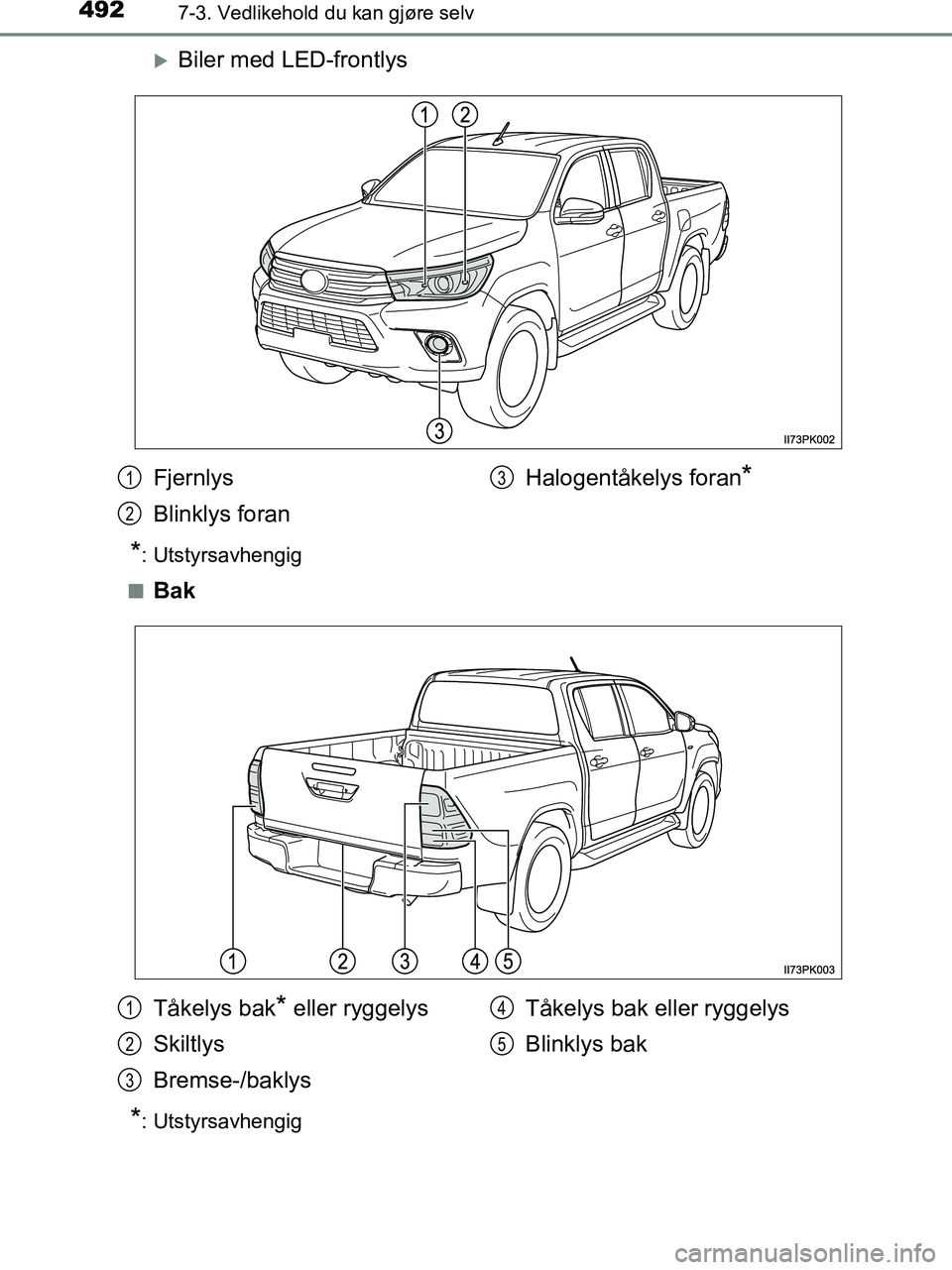 TOYOTA HILUX 2018  Instruksjoner for bruk (in Norwegian) 4927-3. Vedlikehold du kan gjøre selv
HILUX_OM_OM0K375NO_(EE)
Biler med LED-frontlys
*: Utstyrsavhengig
n
Bak
*: Utstyrsavhengig
Fjernlys
Blinklys foran Halogentåkelys foran*1
2
3
Tåkelys bak* e