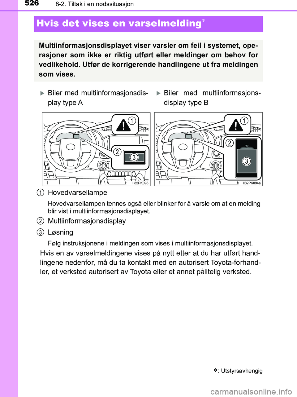 TOYOTA HILUX 2018 Instruksjoner for bruk (in Norwegian) 5268-2. Tiltak i en nødssituasjon
HILUX_OM_OM0K375NO_(EE)
Hvis det vises en varselmelding
Hovedvarsellampe
Hovedvarsellampen tennes også eller blinker for å varsle om at en melding
blir vist i m TOYOTA HILUX 2018 Instruksjoner for bruk (in Norwegian) 5268-2. Tiltak i en nødssituasjon
HILUX_OM_OM0K375NO_(EE)
Hvis det vises en varselmelding
Hovedvarsellampe
Hovedvarsellampen tennes også eller blinker for å varsle om at en melding
blir vist i m