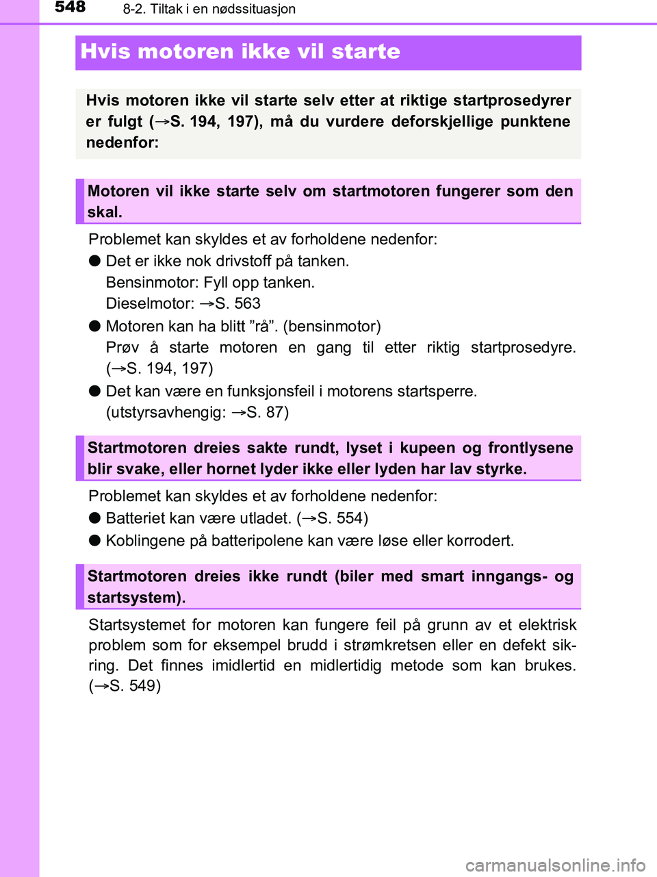 TOYOTA HILUX 2018  Instruksjoner for bruk (in Norwegian) 5488-2. Tiltak i en nødssituasjon
HILUX_OM_OM0K375NO_(EE)
Hvis motoren ikke vil starte
Problemet kan skyldes et av forholdene nedenfor:
lDet er ikke nok  drivstoff på tanken.
Bensinmotor: Fyll opp t
