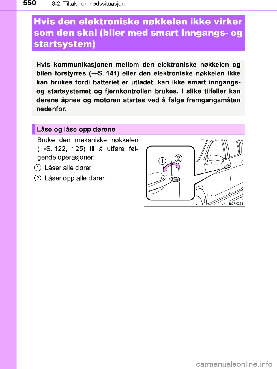 TOYOTA HILUX 2018  Instruksjoner for bruk (in Norwegian) 5508-2. Tiltak i en nødssituasjon
HILUX_OM_OM0K375NO_(EE)
Hvis den elektroniske nøkkelen ikke virker 
som den skal (biler med smart inngangs- og 
startsystem)
Bruke den mekaniske nøkkelen
(  S. 